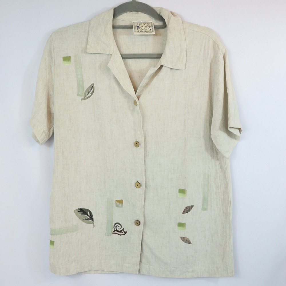 Vintage Play Alegre Hand Painted Button Up Top Linen Blend Leaves Lagenlook Sz S